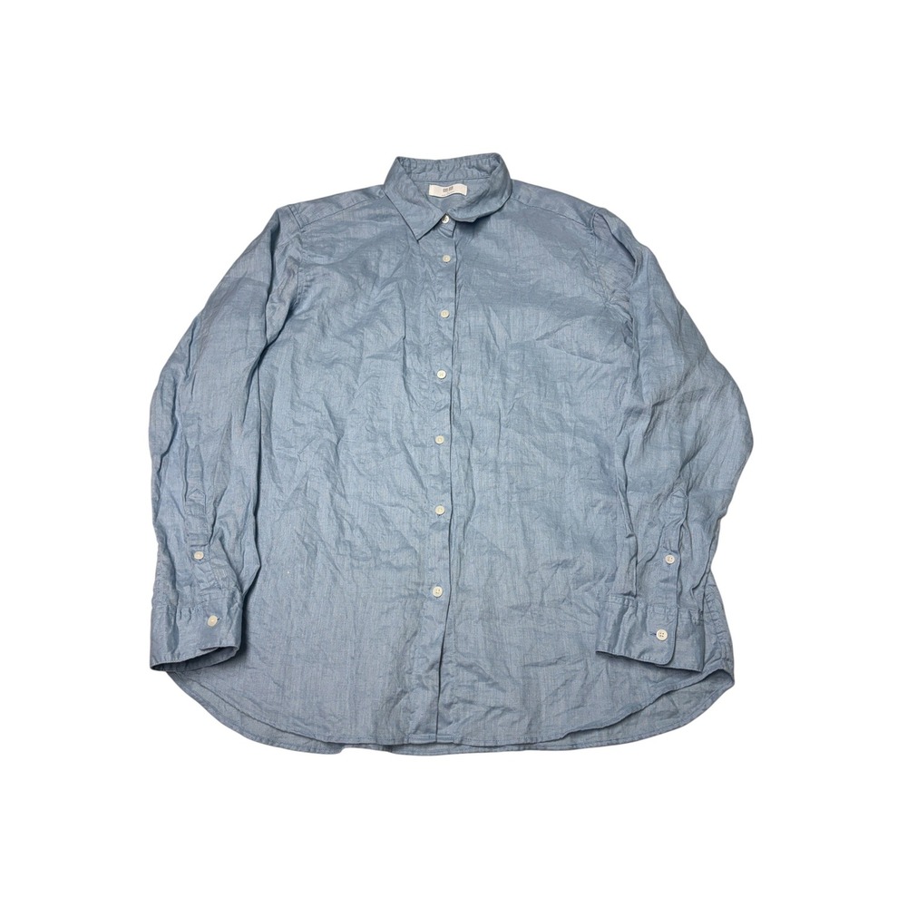 Uniqlo Premium Linen Button Down Shirt Light Blue Long Sleeve Womens Large